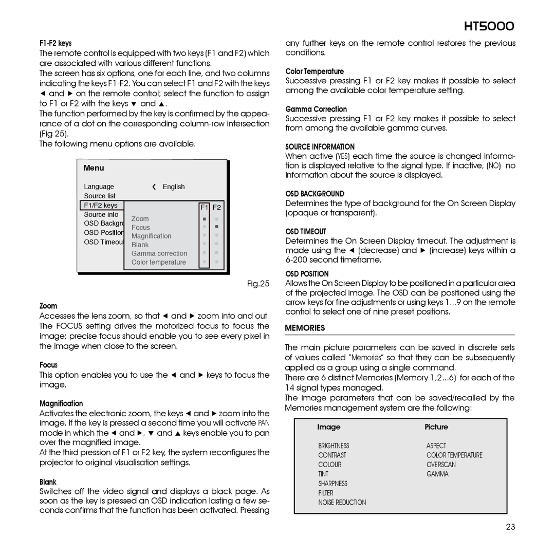 Sim2 Multimedia HT5000 installation manual Source Information, OSD Timeout, Memories 