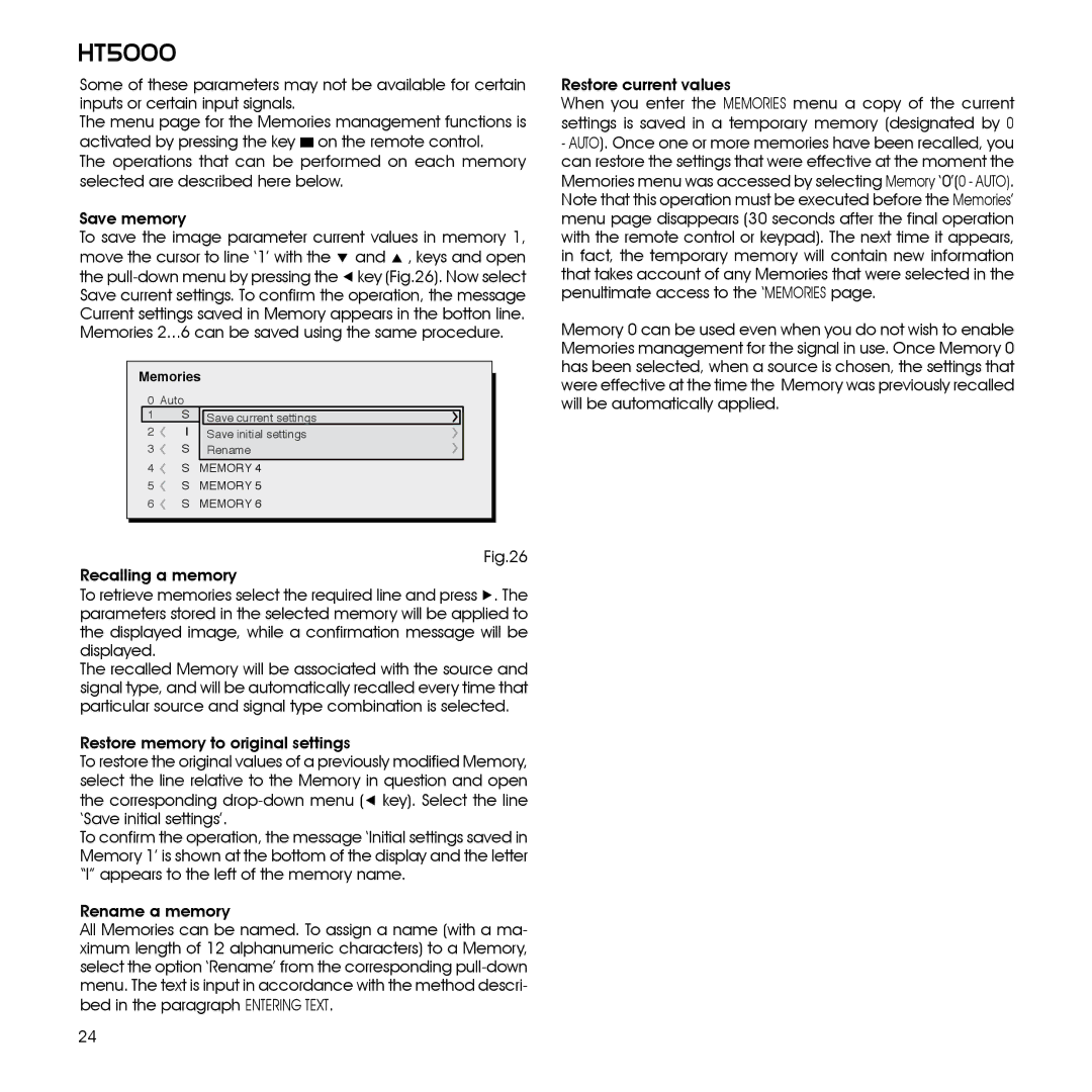 Sim2 Multimedia HT5000 installation manual Memories 