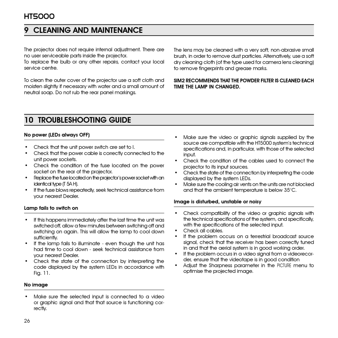 Sim2 Multimedia HT5000 installation manual Cleaning and Maintenance, Troubleshooting Guide 