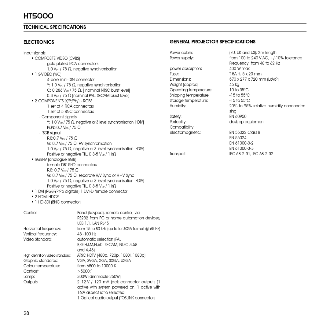 Sim2 Multimedia HT5000 installation manual Technical Specifications Electronics, General Projector Specifications 