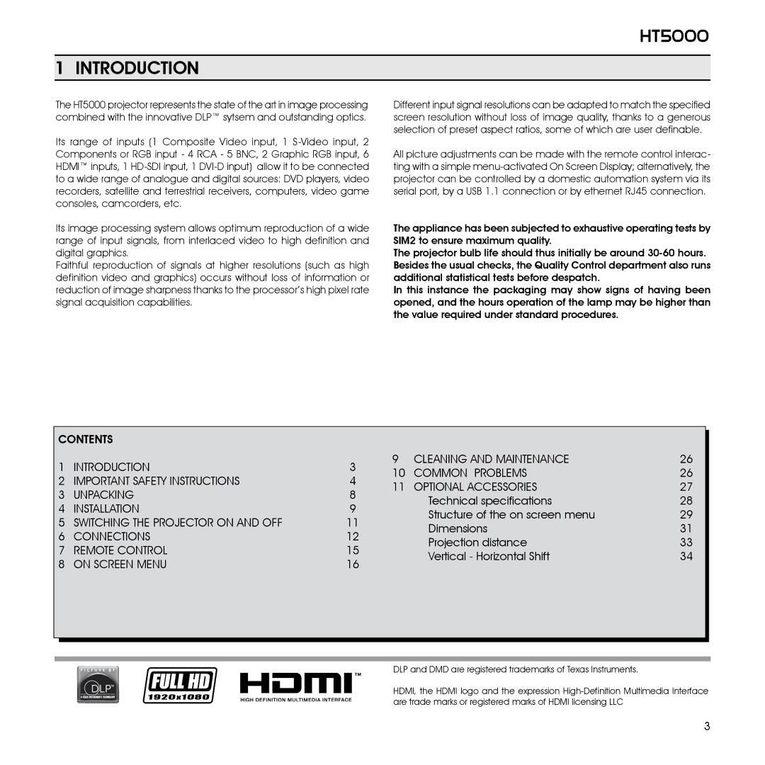 Sim2 Multimedia HT5000 installation manual Introduction 