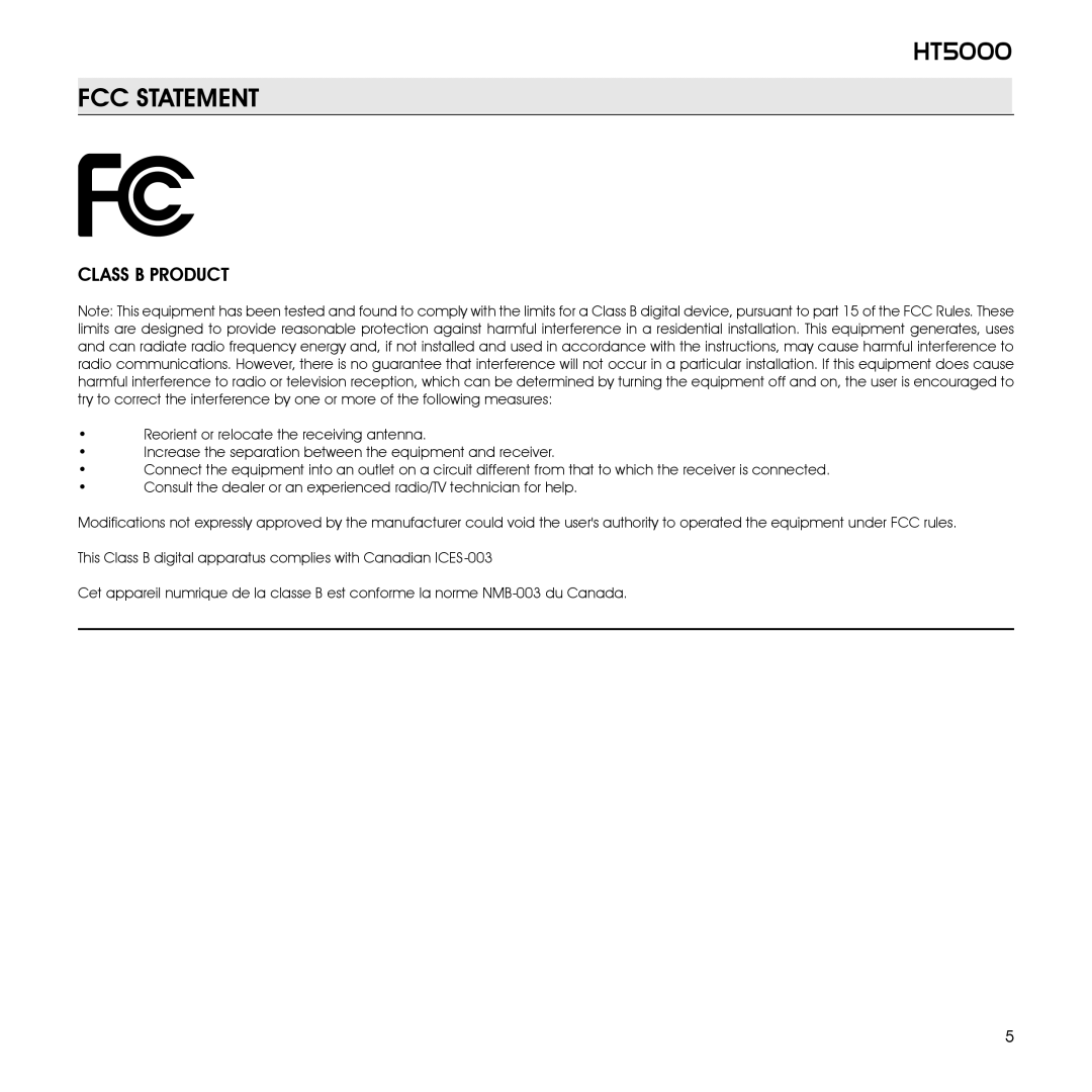 Sim2 Multimedia HT5000 installation manual FCC Statement, Class B Product 