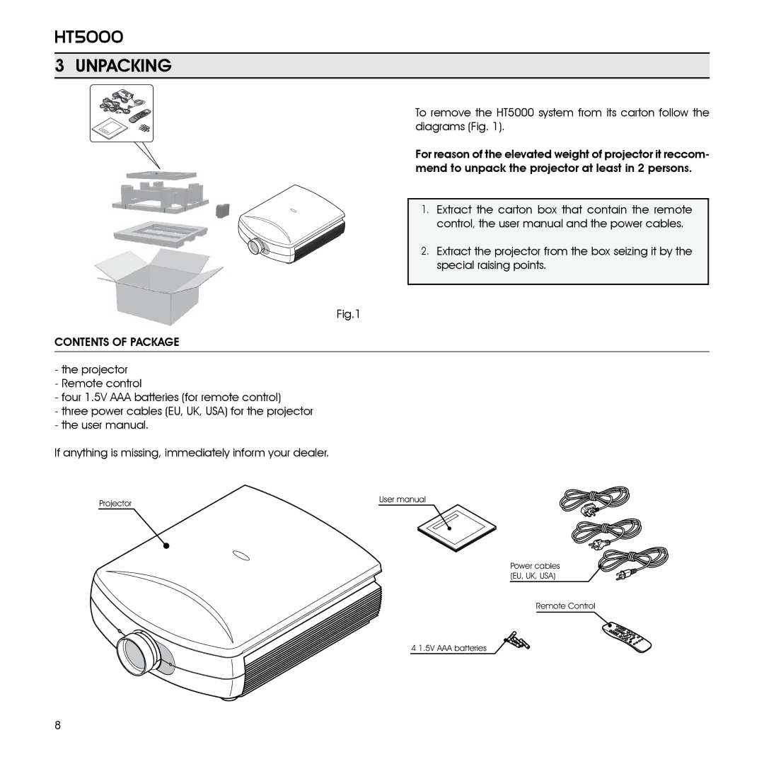 Sim2 Multimedia HT5000 installation manual Unpacking, Contents of Package 