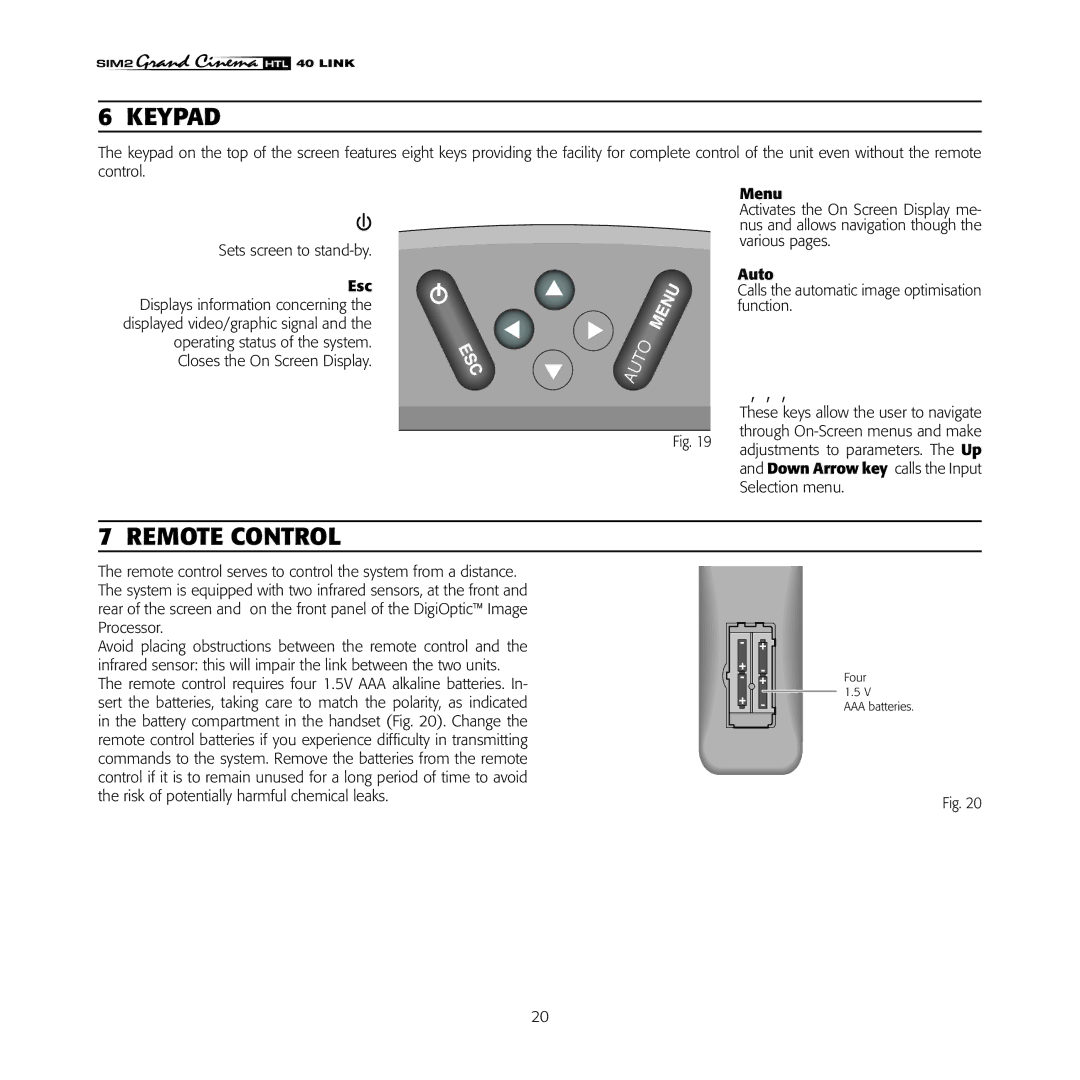 Sim2 Multimedia HTL40 installation manual Keypad, Remote Control, Menu, Auto 