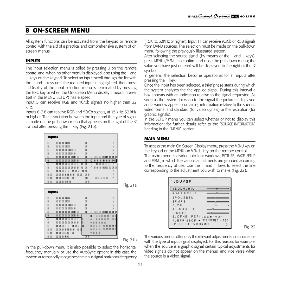 Sim2 Multimedia HTL40 installation manual ON-SCREEN Menu, Inputs, Main Menu 