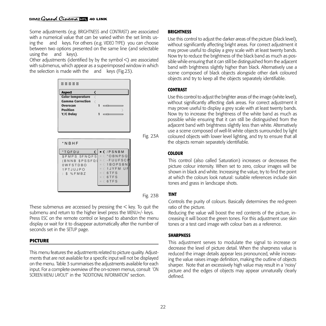 Sim2 Multimedia HTL40 installation manual Picture, Brightness, Contrast, Colour, Tint, Sharpness 