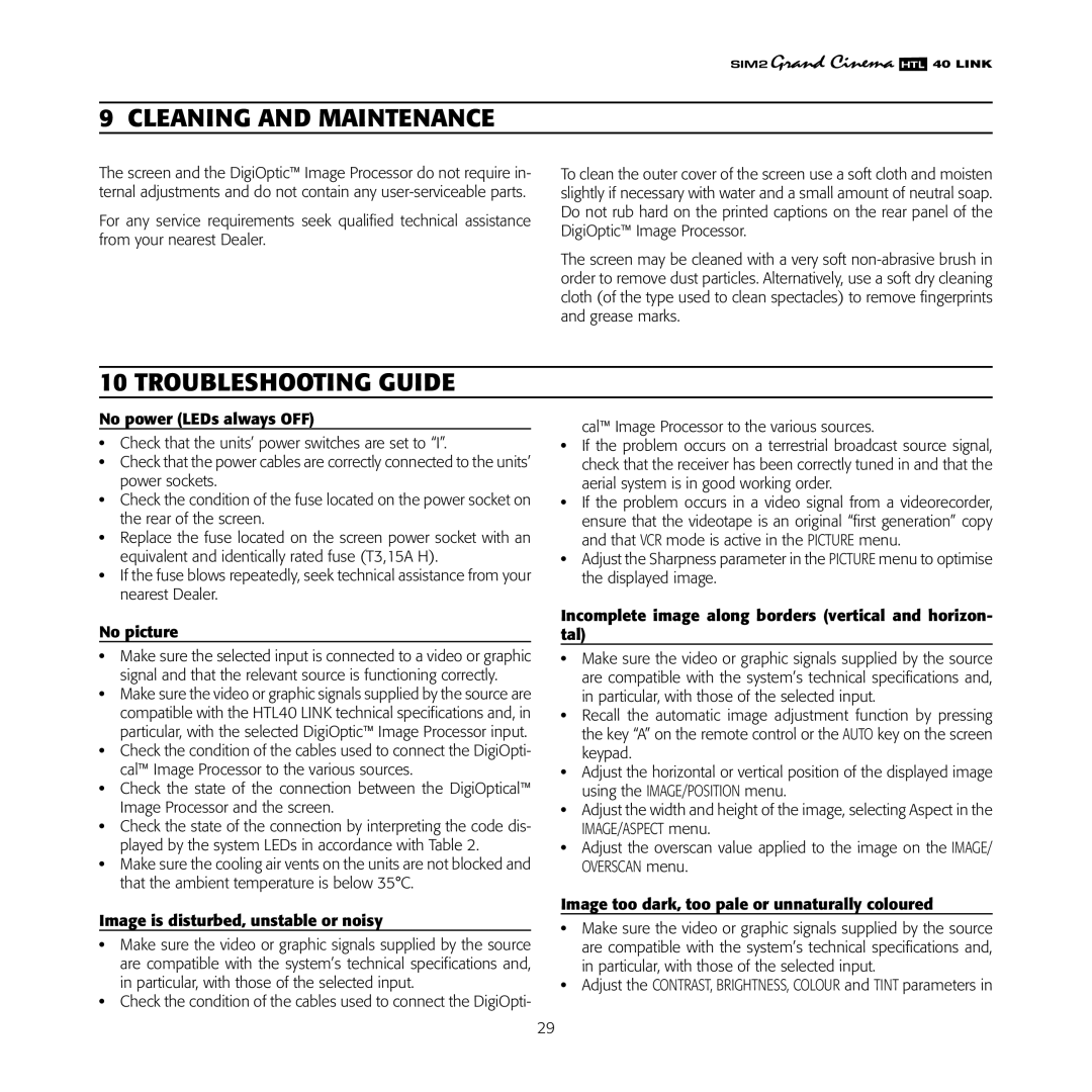 Sim2 Multimedia HTL40 installation manual Cleaning and Maintenance, Troubleshooting Guide 