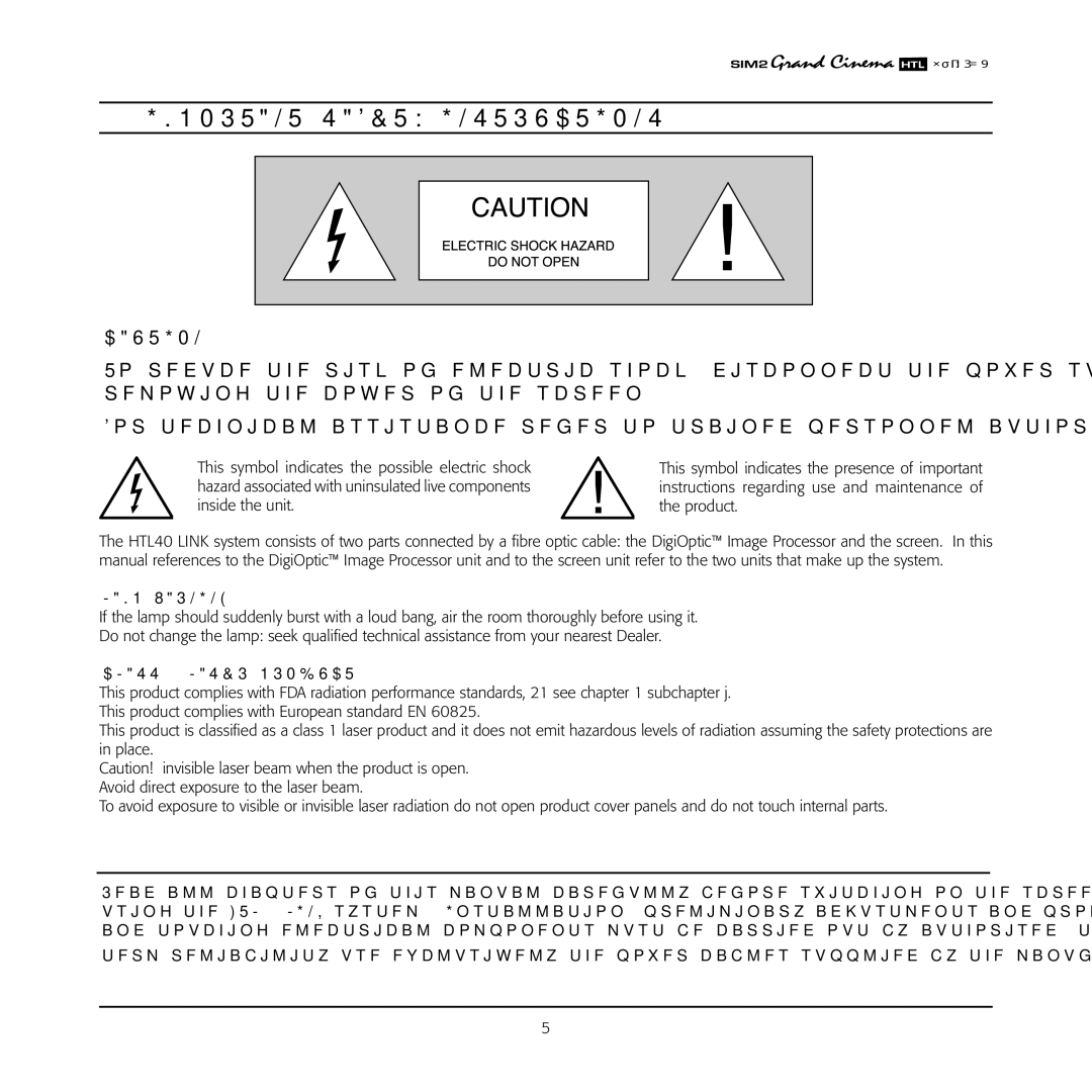 Sim2 Multimedia HTL40 installation manual Important Safety Instructions, Lamp Warning, Class 1 Laser Product 