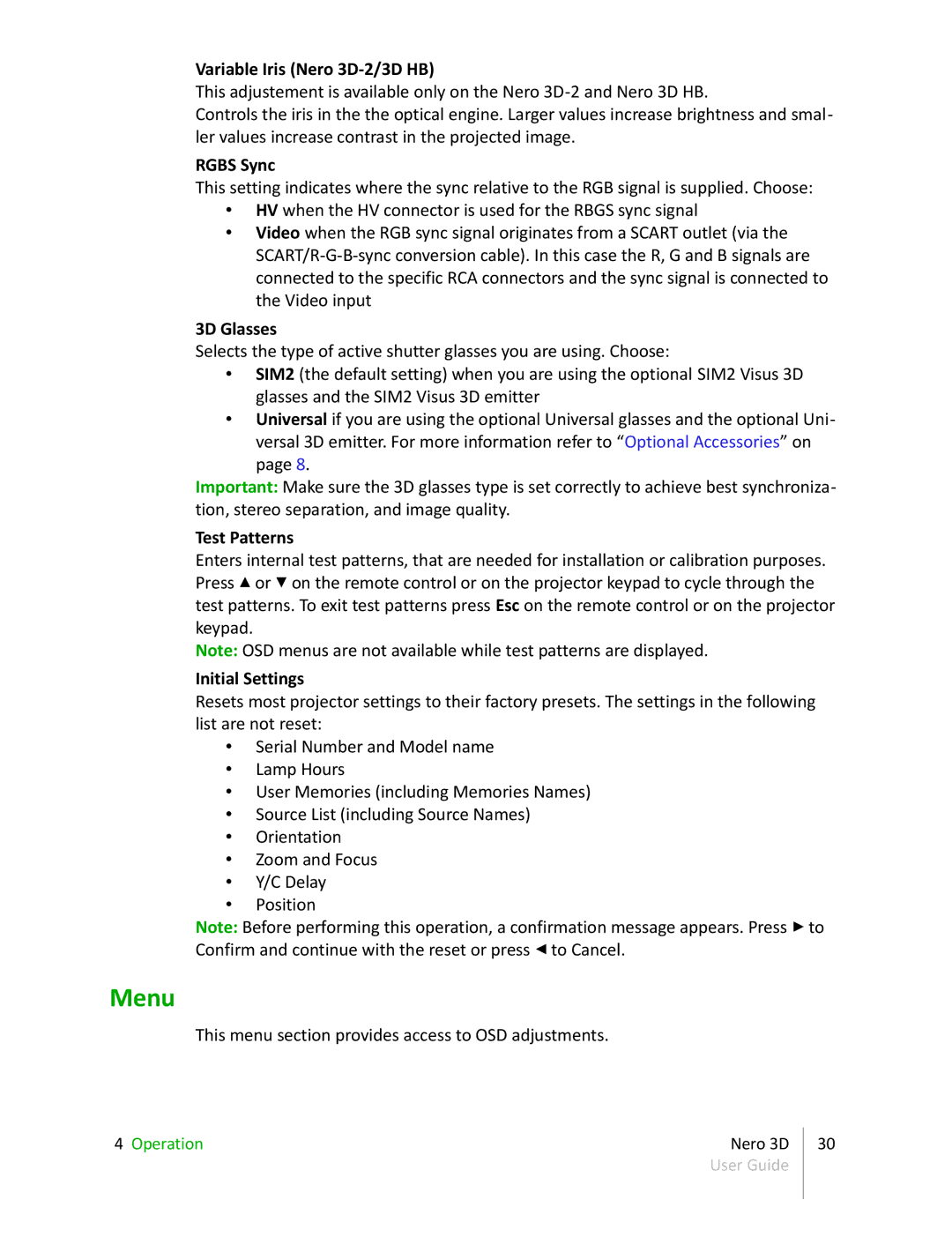 Sim2 Multimedia NERO 3D-1, NERO 3D-2 manual Menu, Variable Iris Nero 3D-2/3D HB, Rgbs Sync, Test Patterns, Initial Settings 