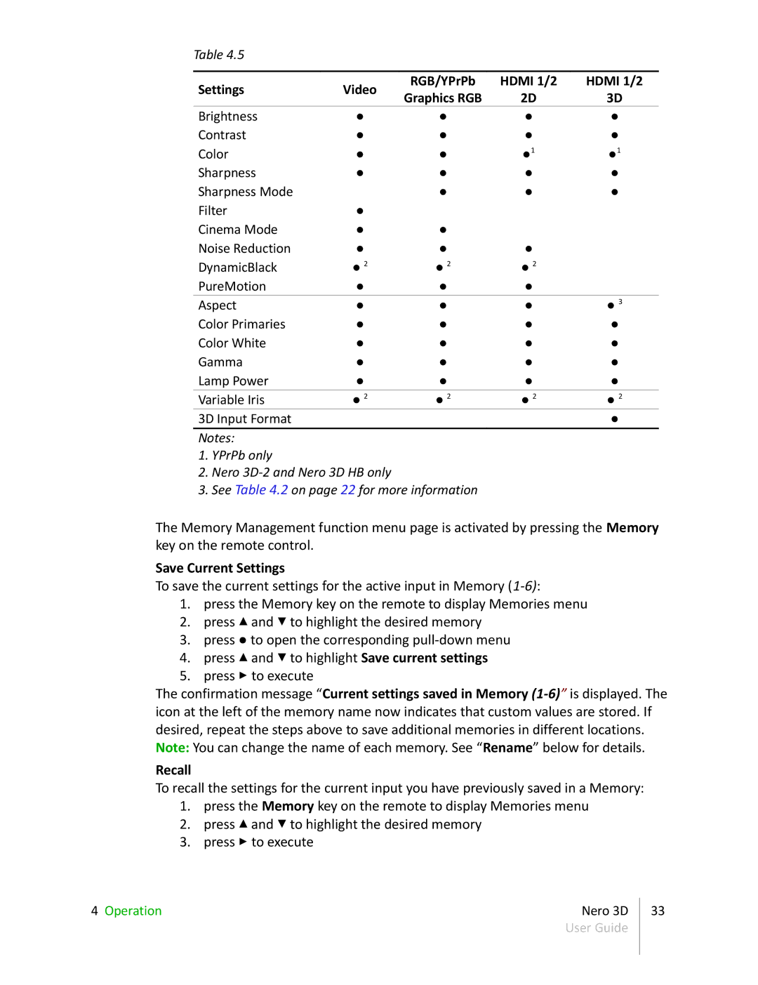 Sim2 Multimedia NERO 3D-1, NERO 3D-2, NERO 3D HB manual Save Current Settings, Recall 