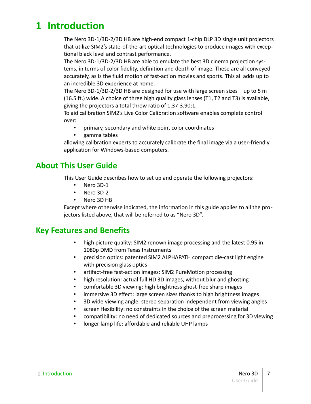 Sim2 Multimedia NERO 3D-2, NERO 3D-1, NERO 3D HB manual Introduction, About This User Guide, Key Features and Benefits 