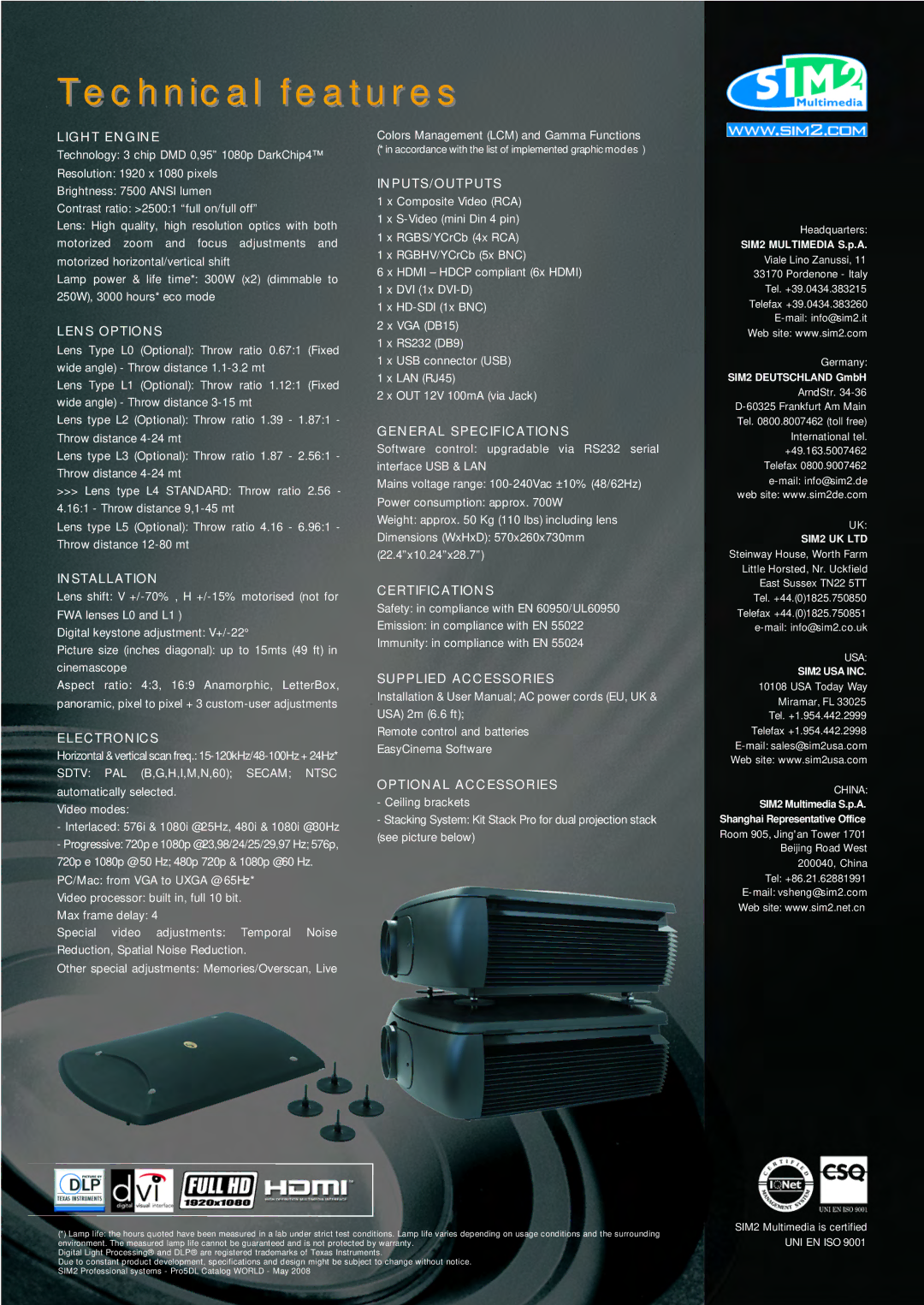 Sim2 Multimedia PRO5DL manual Light Engine, Lens Options, Inputs/Outputs, General Specifications, Installation, Electronics 