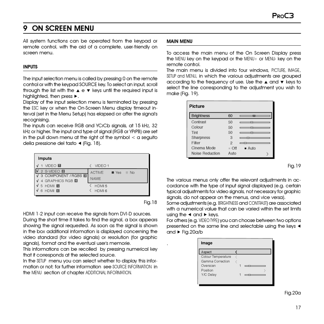 Sim2 Multimedia ProC3 installation manual On Screen Menu, Inputs, Main Menu 