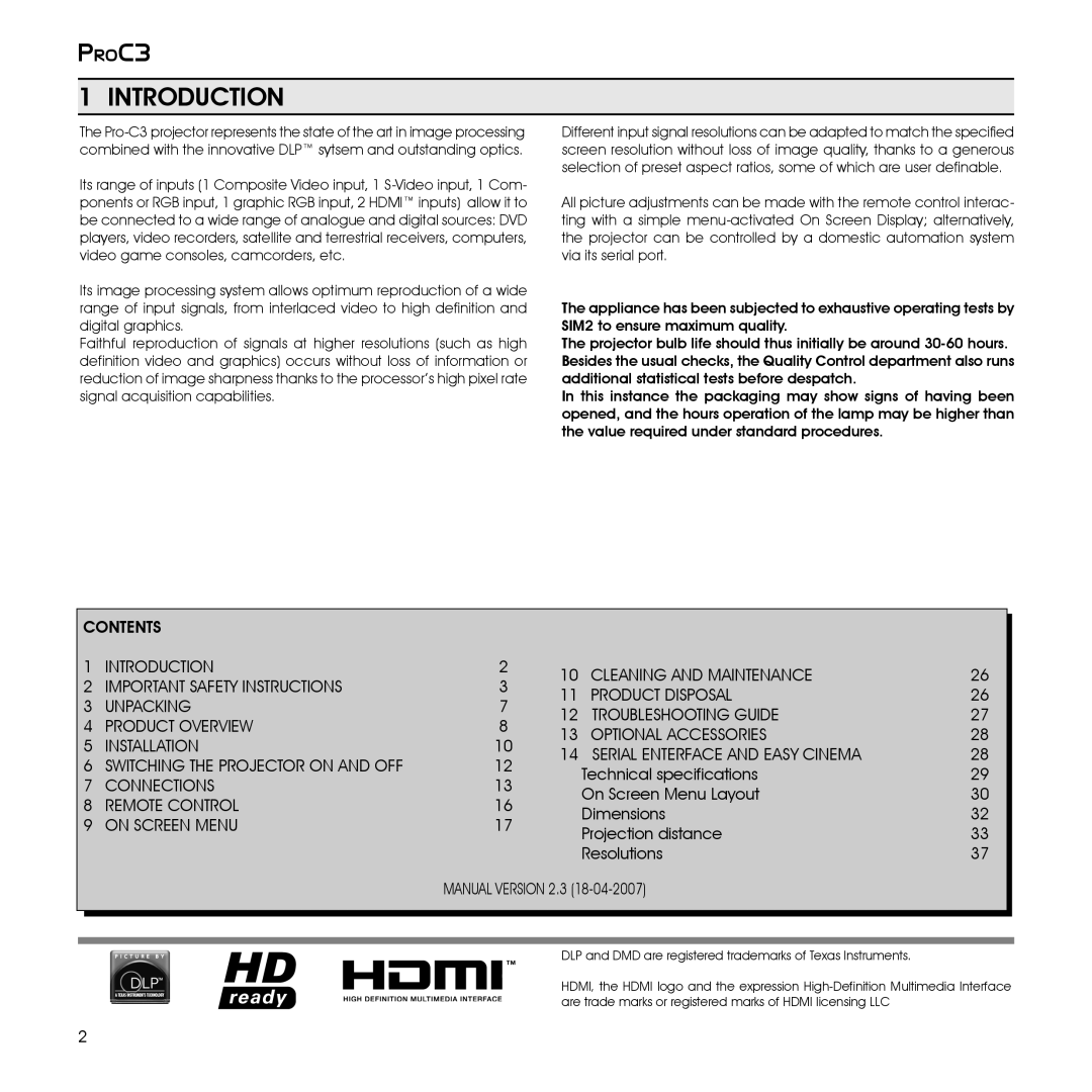 Sim2 Multimedia ProC3 installation manual Introduction, Connections, Remote Control, On Screen Menu 