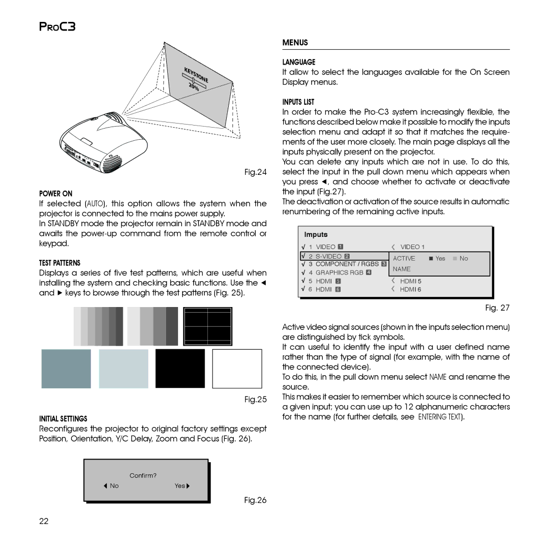 Sim2 Multimedia ProC3 installation manual Power on, Test Patterns, Initial Settings, Menus Language, Inputs List 