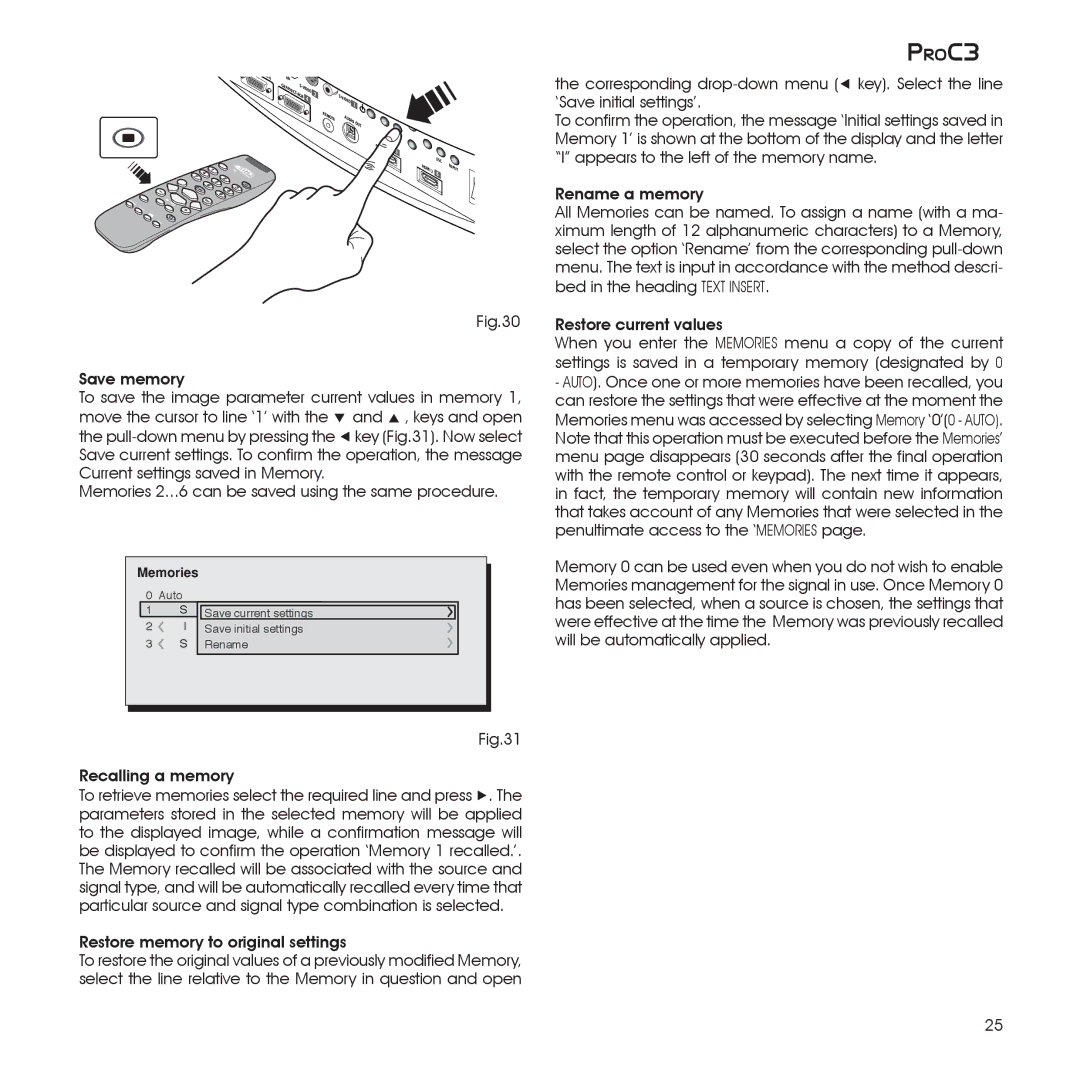 Sim2 Multimedia ProC3 installation manual Restore memory to original settings 