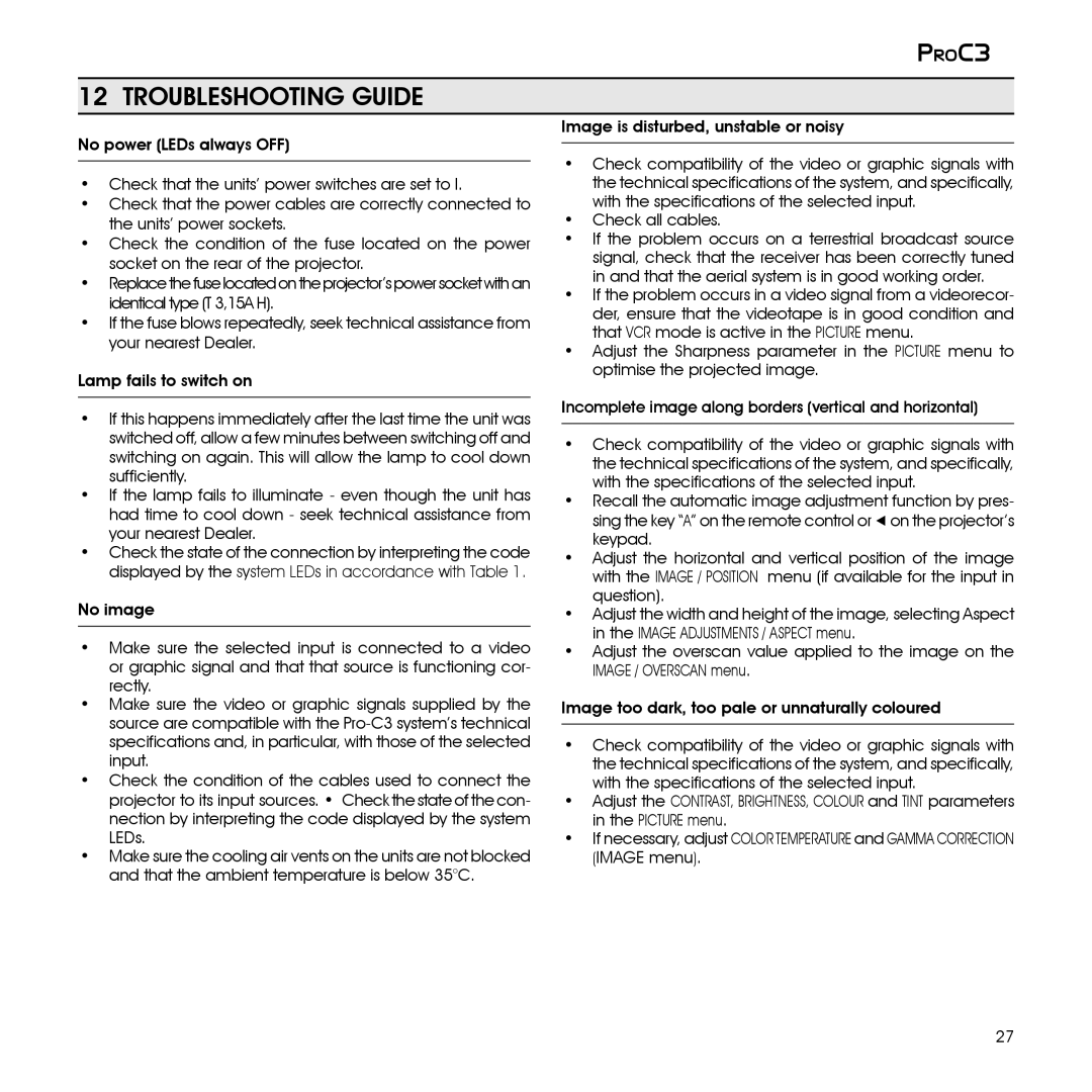 Sim2 Multimedia ProC3 installation manual Troubleshooting Guide 