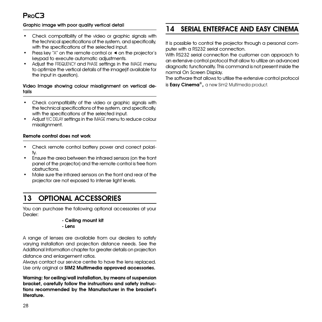 Sim2 Multimedia ProC3 installation manual Optional Accessories, Serial Enterface and Easy Cinema 