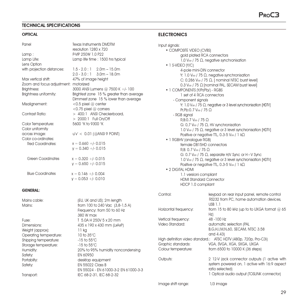 Sim2 Multimedia ProC3 installation manual Technical Specifications, Electronics 