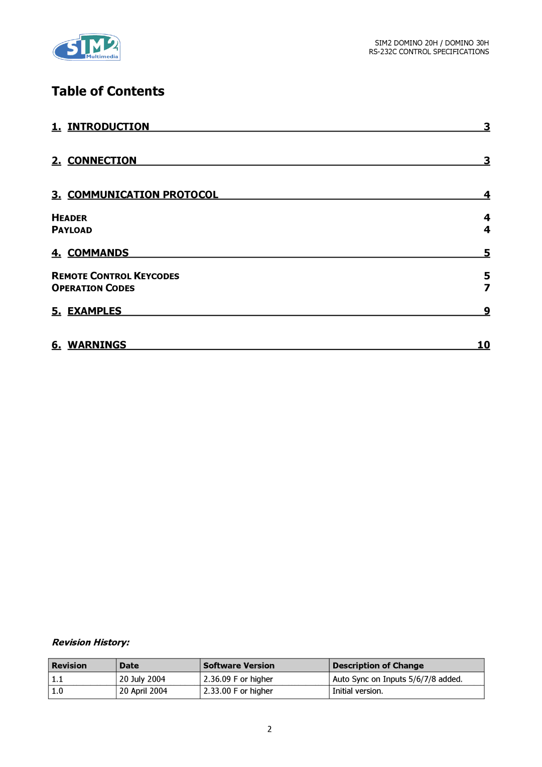 Sim2 Multimedia RS-232C specifications Table of Contents 