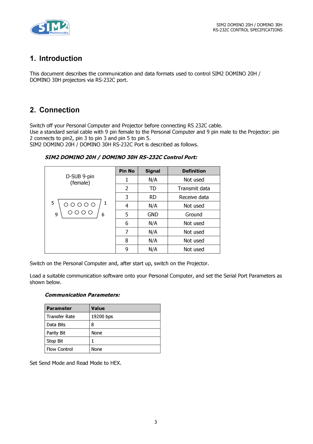 Sim2 Multimedia Introduction, Connection, SIM2 Domino 20H / Domino 30H RS-232C Control Port, Communication Parameters 