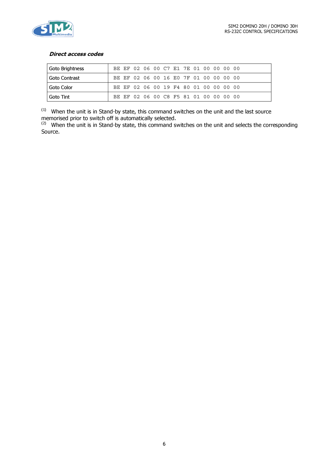 Sim2 Multimedia RS-232C specifications Direct access codes 