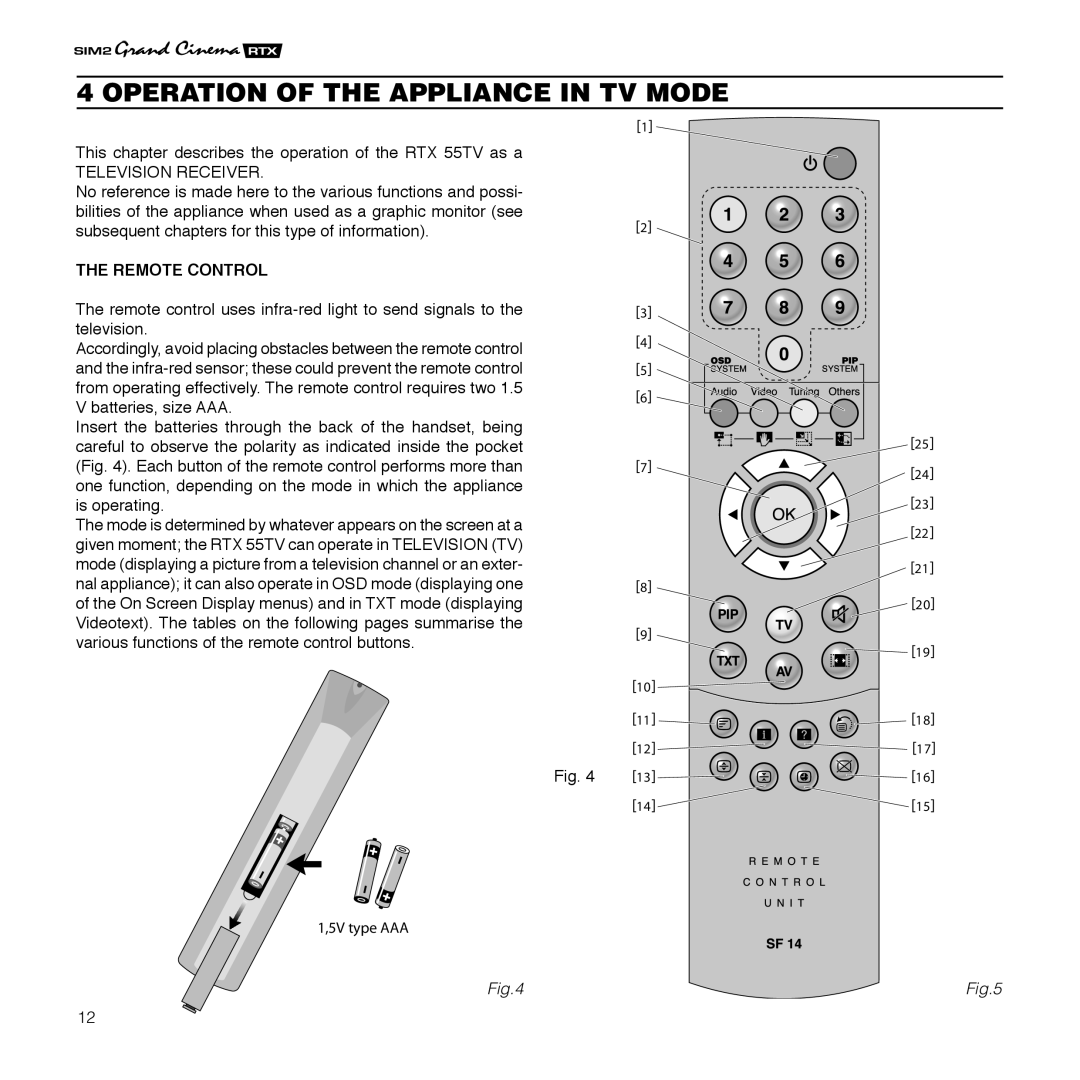 Sim2 Multimedia RTX 55TV installation manual Operation of the Appliance in TV Mode, Remote Control 