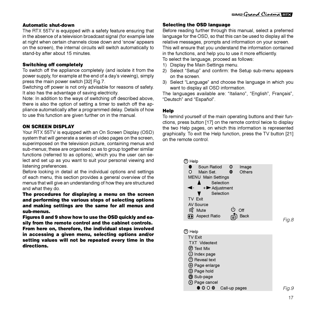 Sim2 Multimedia RTX 55TV installation manual Automatic shut-down, Switching off completely, On Screen Display, Help 