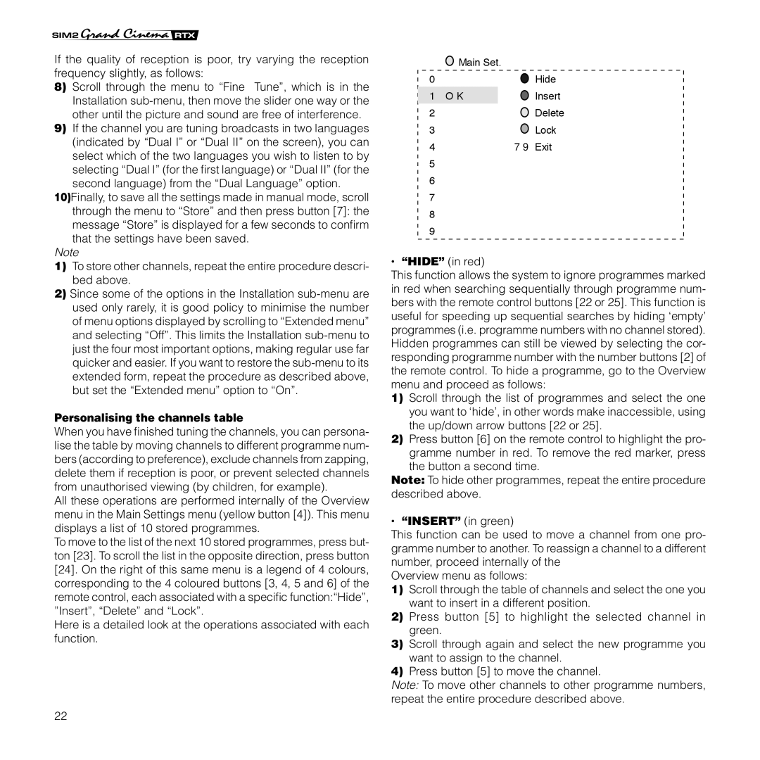 Sim2 Multimedia RTX 55TV installation manual Personalising the channels table, Hide in red 