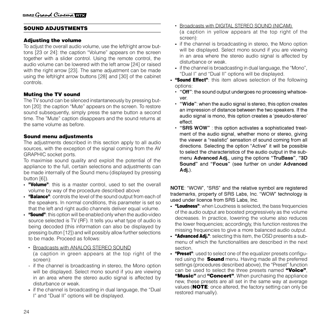 Sim2 Multimedia RTX 55TV Sound Adjustments, Adjusting the volume, Muting the TV sound, Sound menu adjustments 