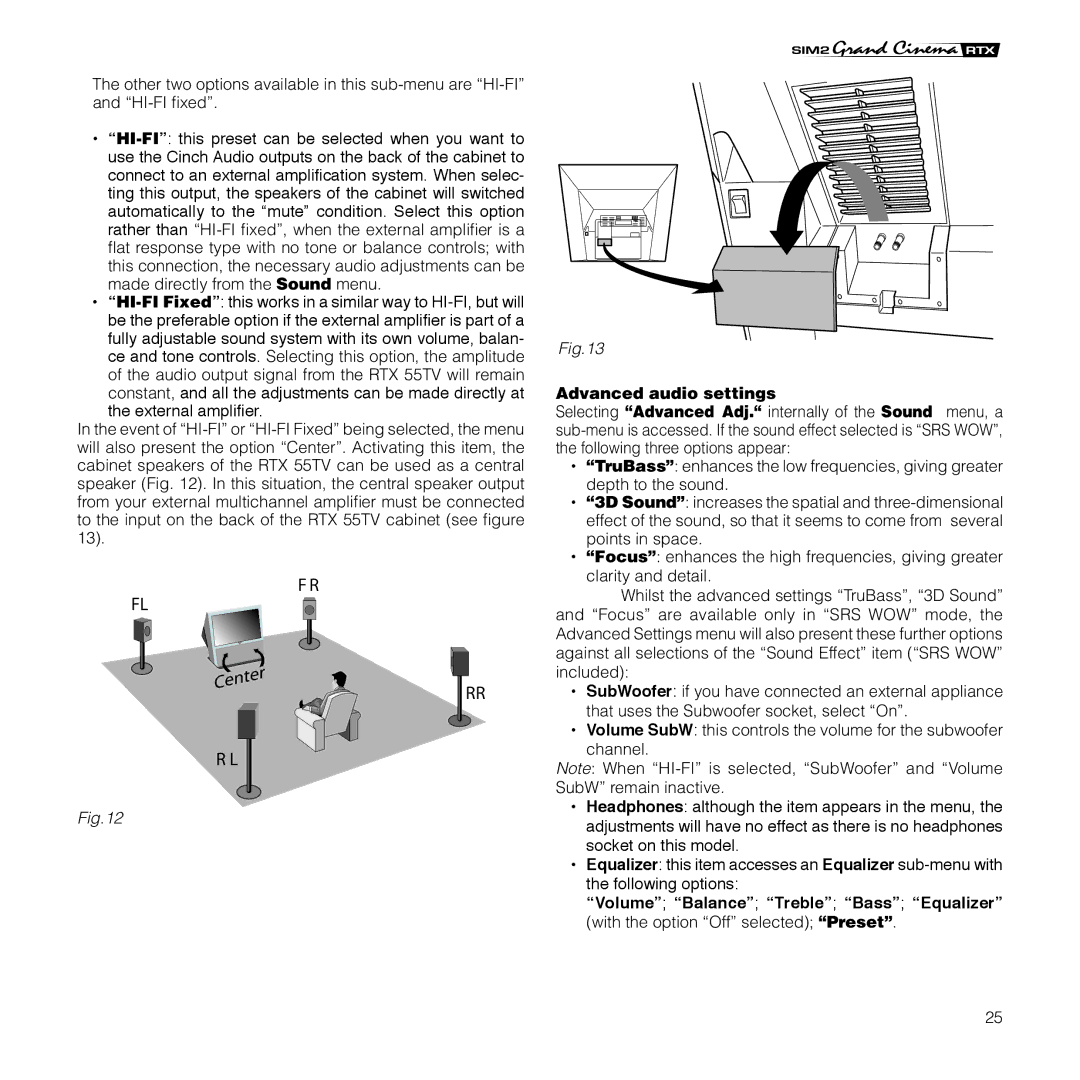 Sim2 Multimedia RTX 55TV installation manual Advanced audio settings 