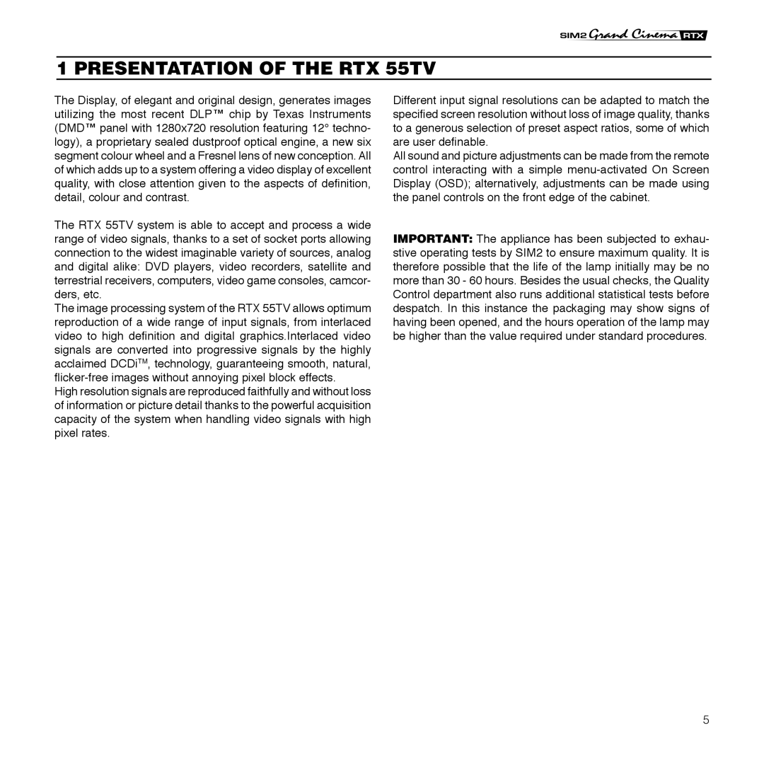 Sim2 Multimedia installation manual Presentatation of the RTX 55TV 