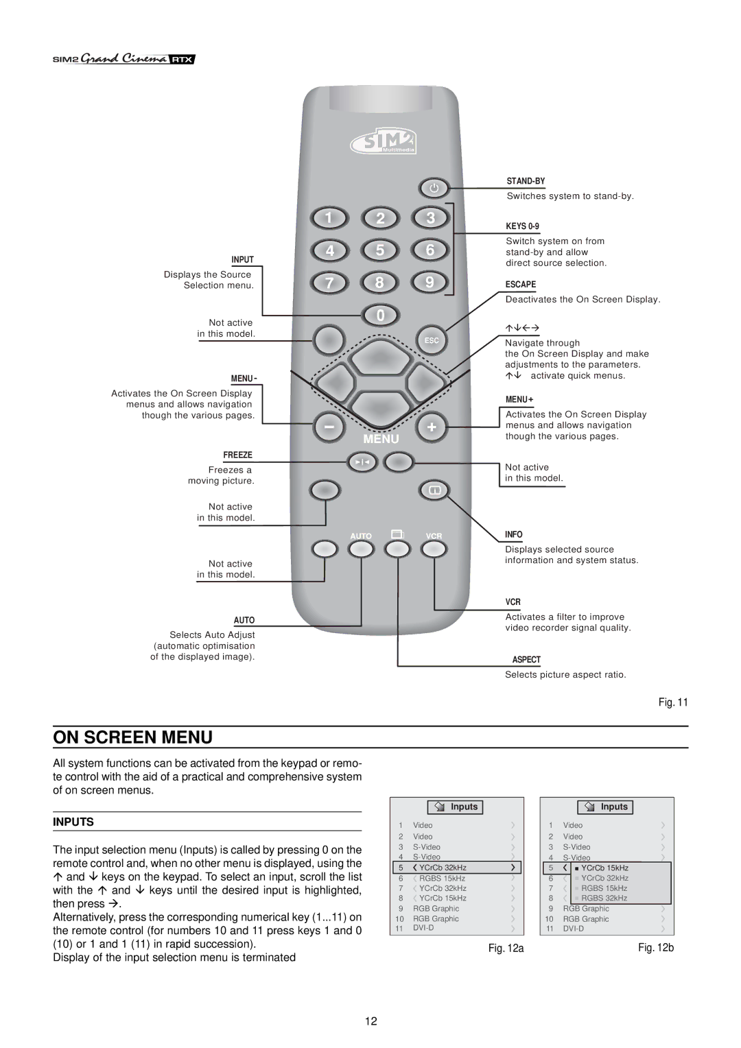 Sim2 Multimedia RTX55 installation manual On Screen Menu, Inputs 