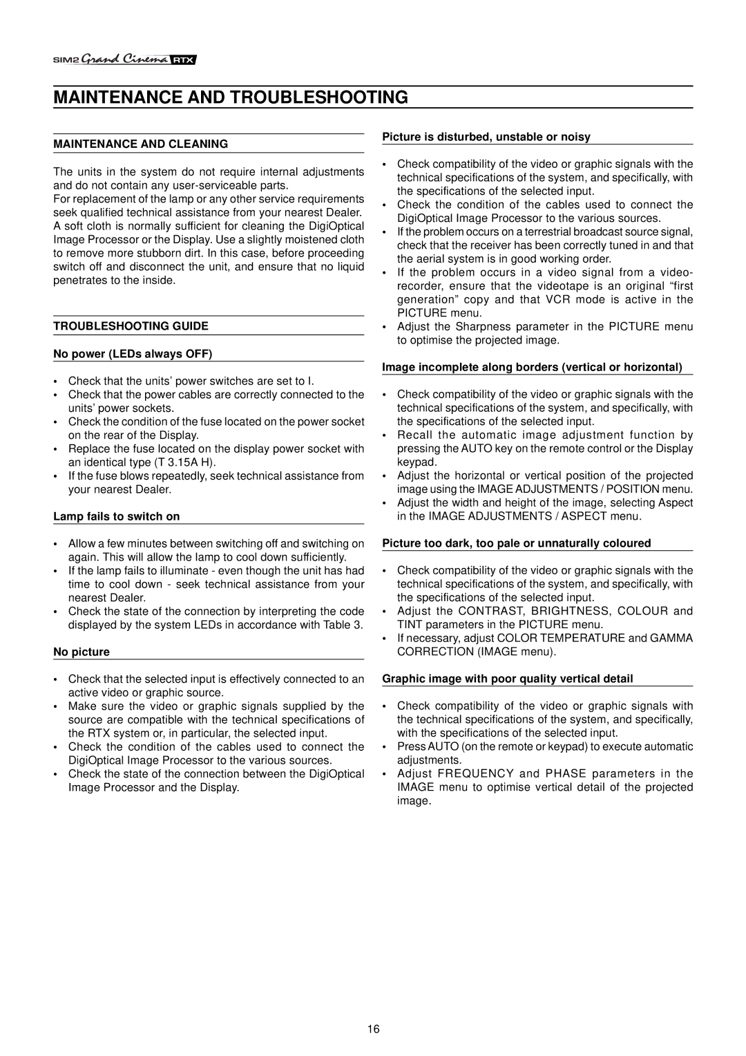 Sim2 Multimedia RTX55 installation manual Maintenance and Troubleshooting, Maintenance and Cleaning, Troubleshooting Guide 