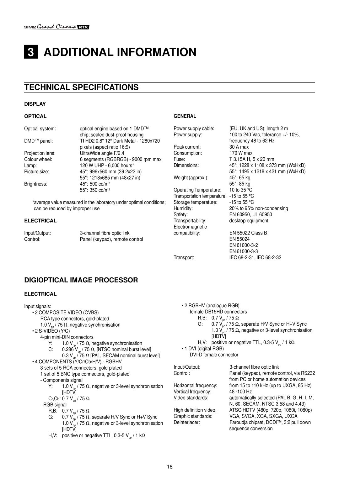 Sim2 Multimedia RTX55 installation manual Technical Specifications, Display Optical General, Electrical 