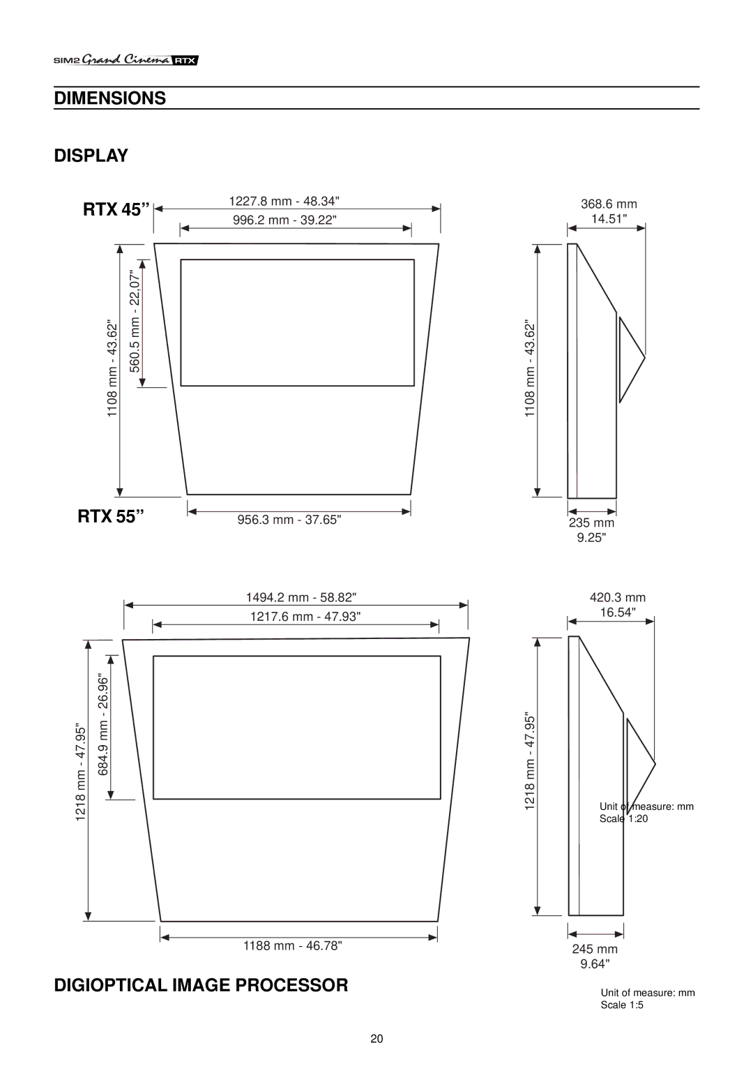 Sim2 Multimedia RTX55 installation manual Dimensions Display, Digioptical Image Processor 