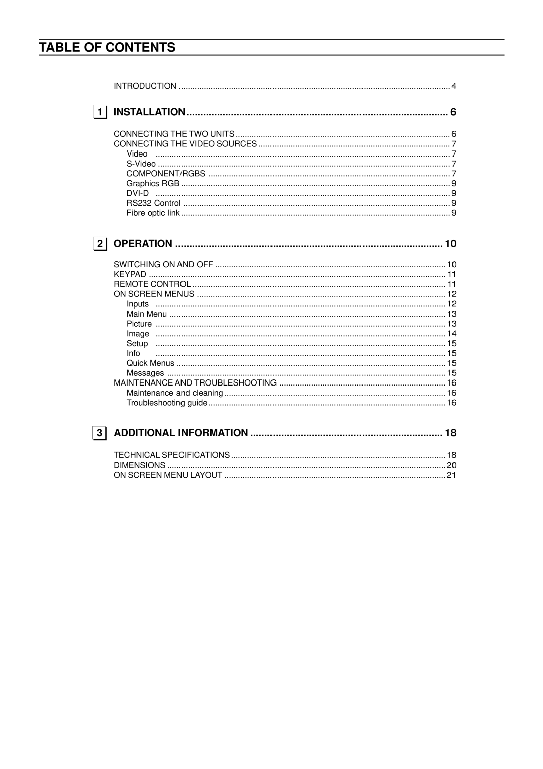 Sim2 Multimedia RTX55 installation manual Table of Contents 