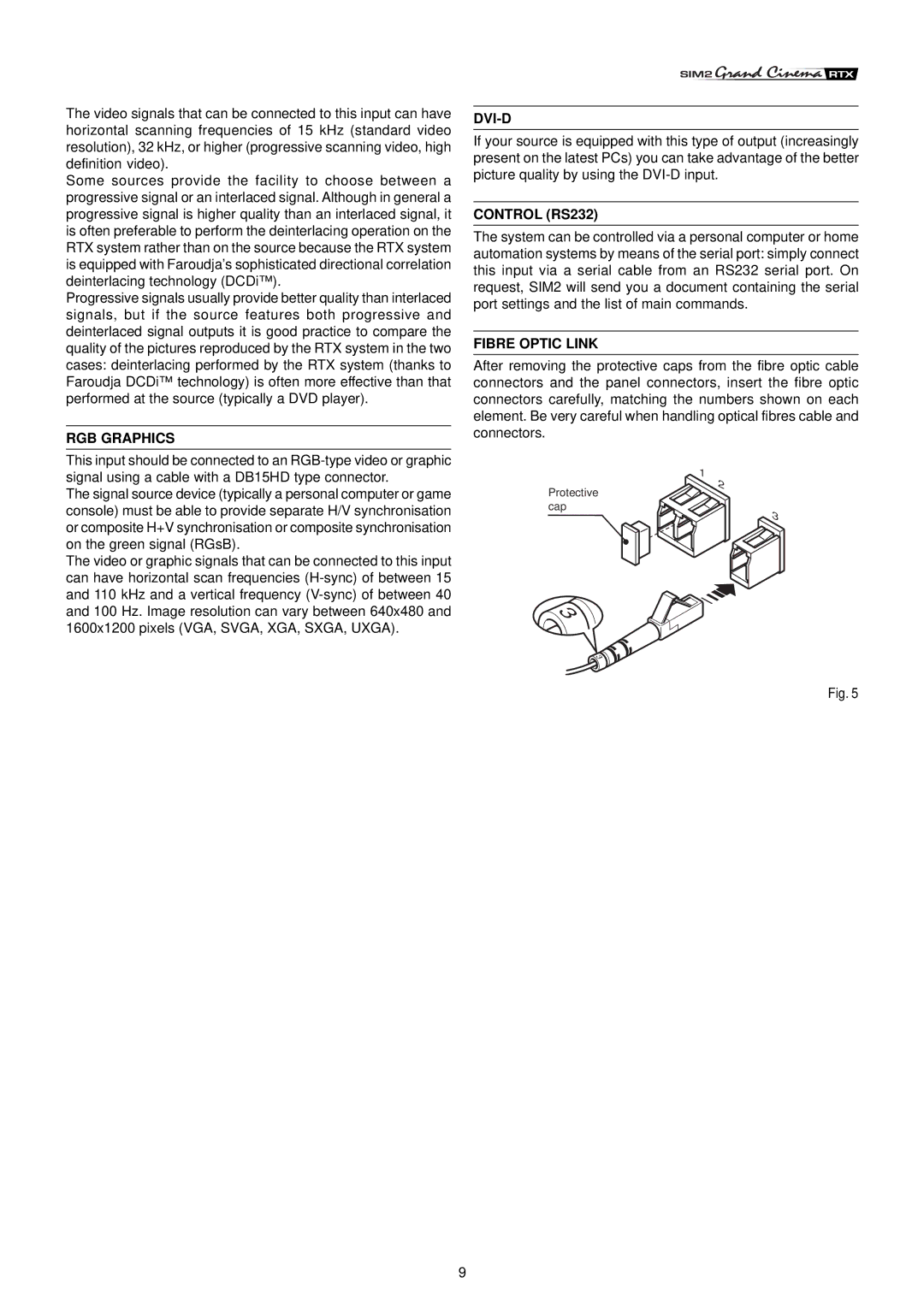 Sim2 Multimedia RTX55 installation manual RGB Graphics, Dvi-D, Control RS232, Fibre Optic Link 