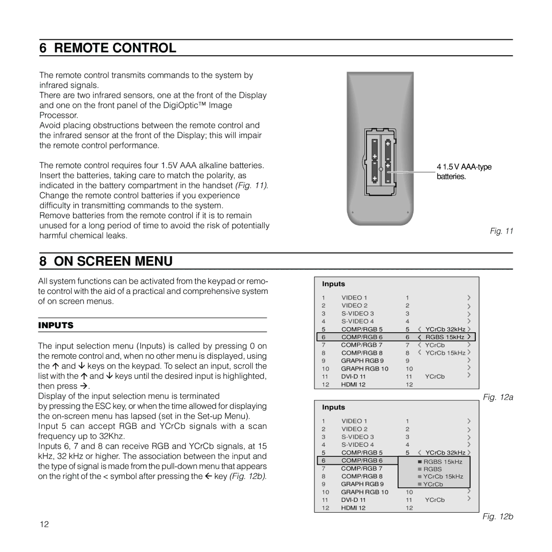 Sim2 Multimedia RTX55H installation manual Remote Control, On Screen Menu, Inputs 