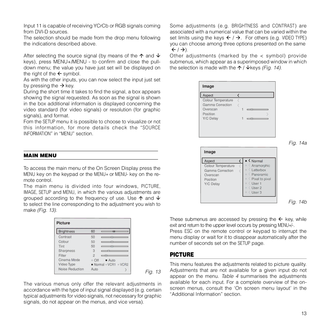 Sim2 Multimedia RTX55H installation manual Main Menu, Picture, Image 