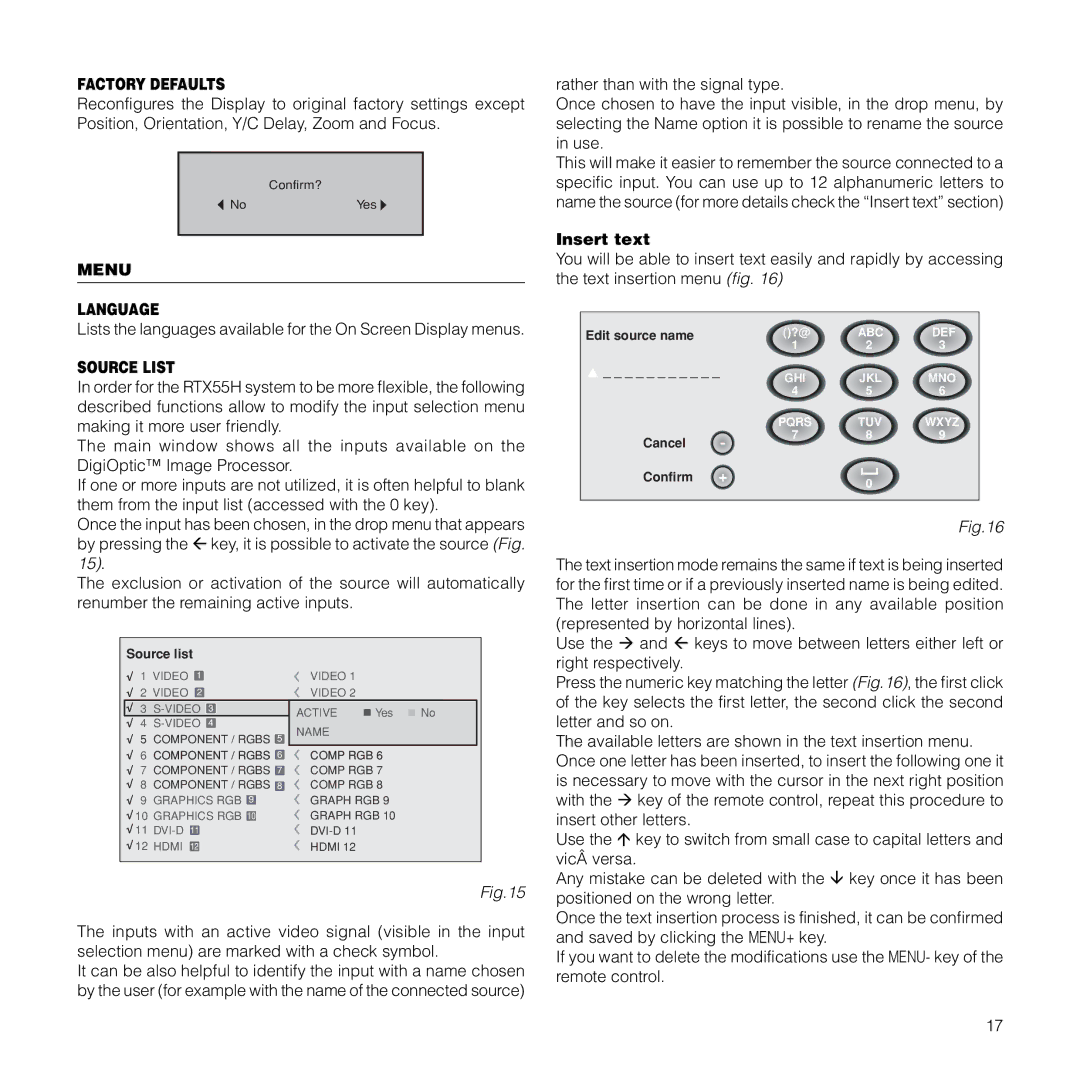 Sim2 Multimedia RTX55H installation manual Factory Defaults, Menu Language, Source List, Insert text, Source list 