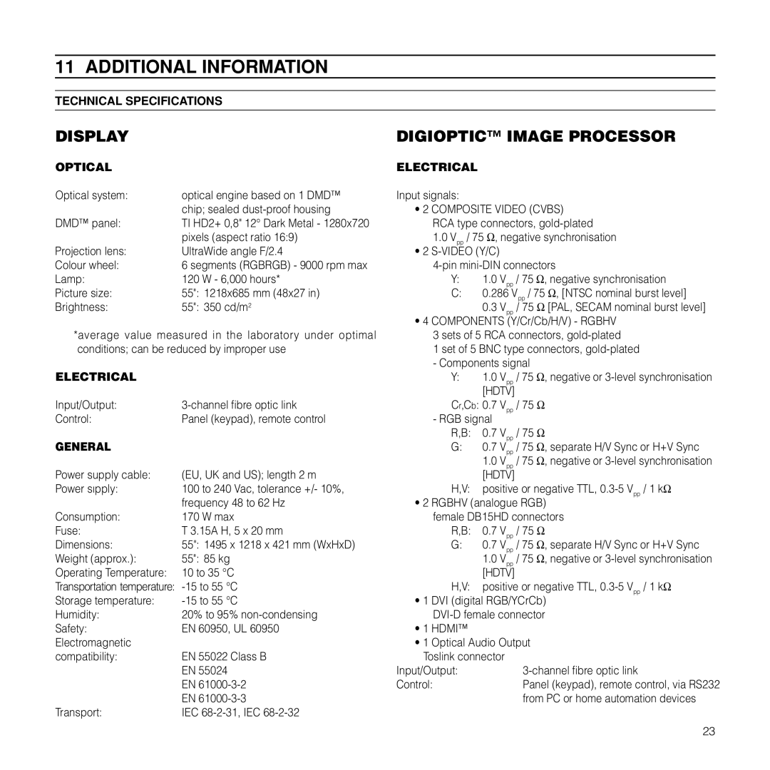 Sim2 Multimedia RTX55H installation manual Additional Information, Technical Specifications, Optical Electrical, General 