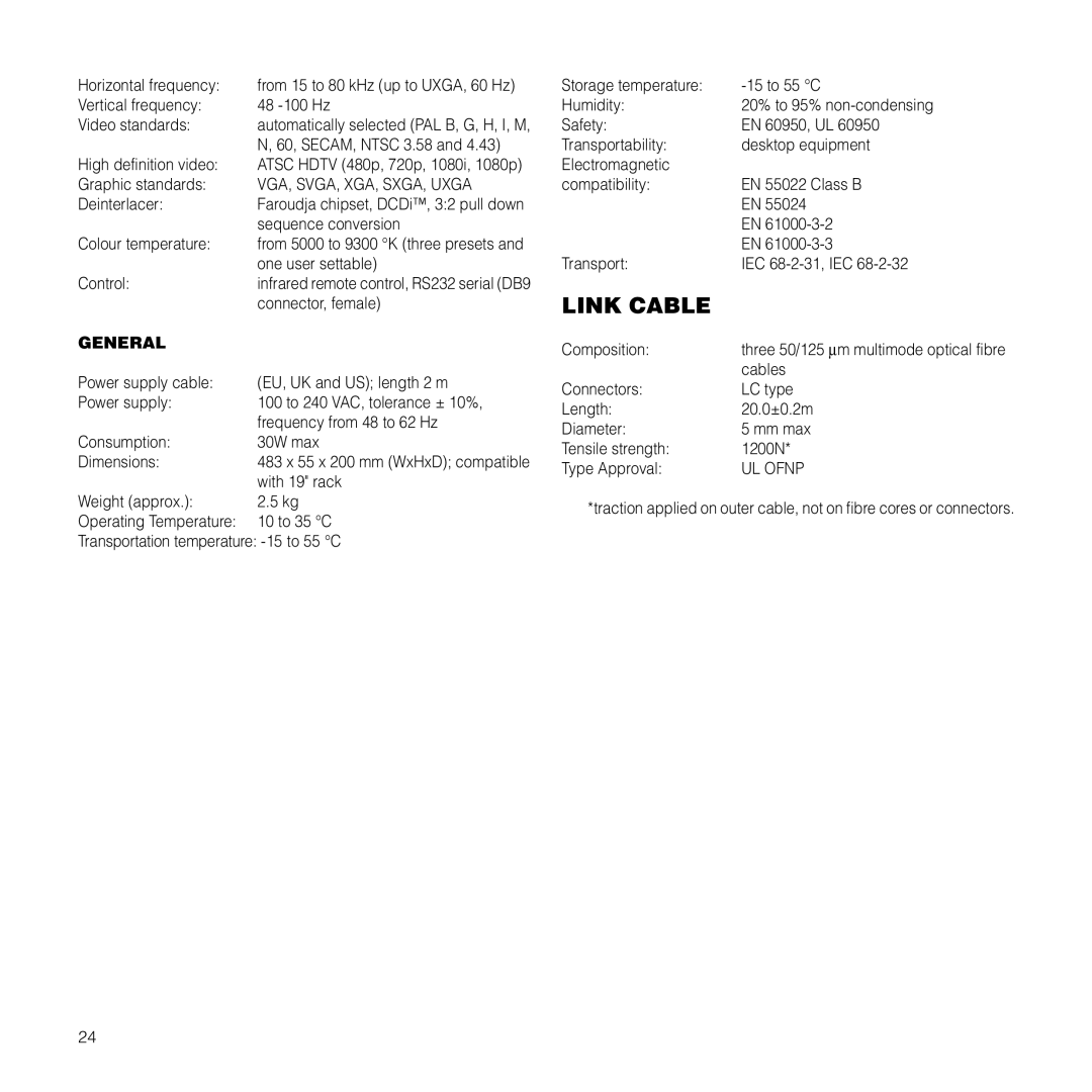 Sim2 Multimedia RTX55H Horizontal frequency, Vertical frequency 48 -100 Hz Video standards, 60, SECAM, Ntsc 3.58, Cables 