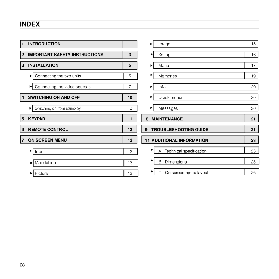 Sim2 Multimedia RTX55H Index, Introduction Important Safety Instructions Installation, Switching on and OFF 