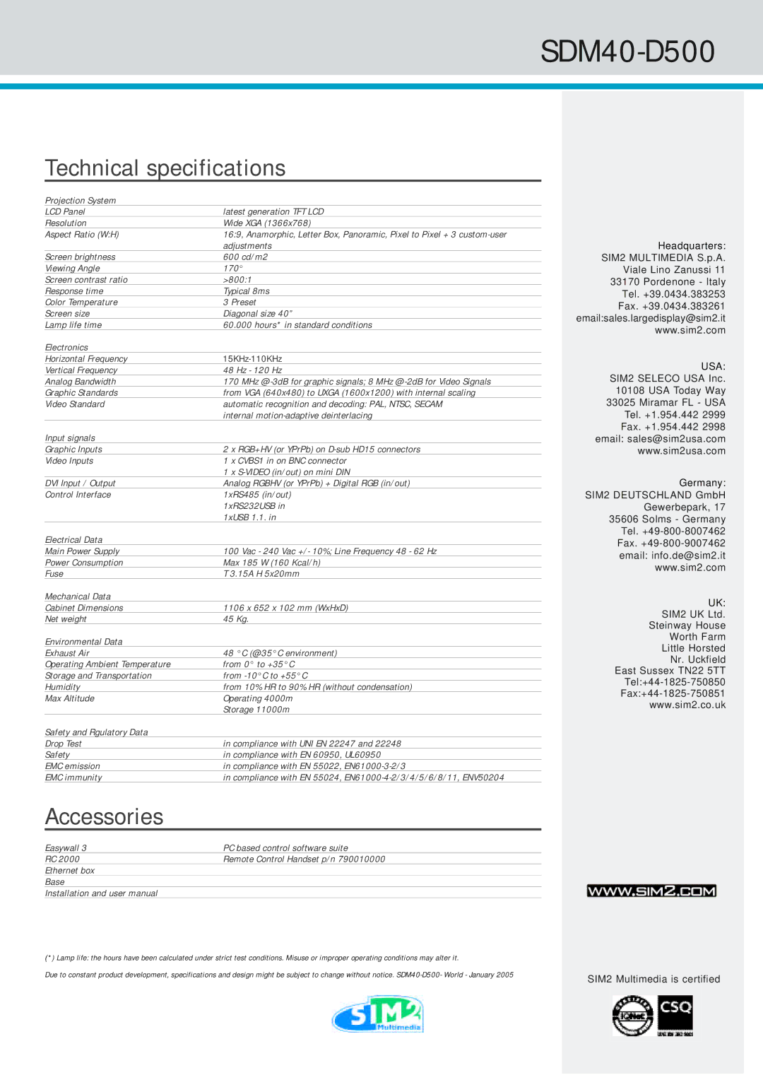 Sim2 Multimedia SDM40-D500 manual Technical specifications, Accessories 