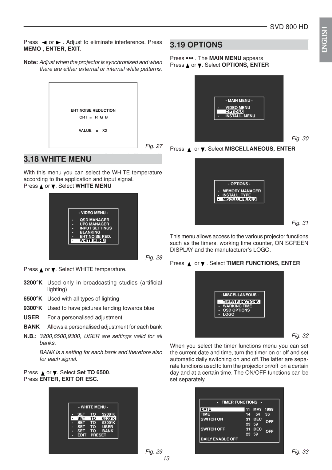 Sim2 Multimedia SVD 800 HD installation manual Options, White Menu, Memo , ENTER, Exit 