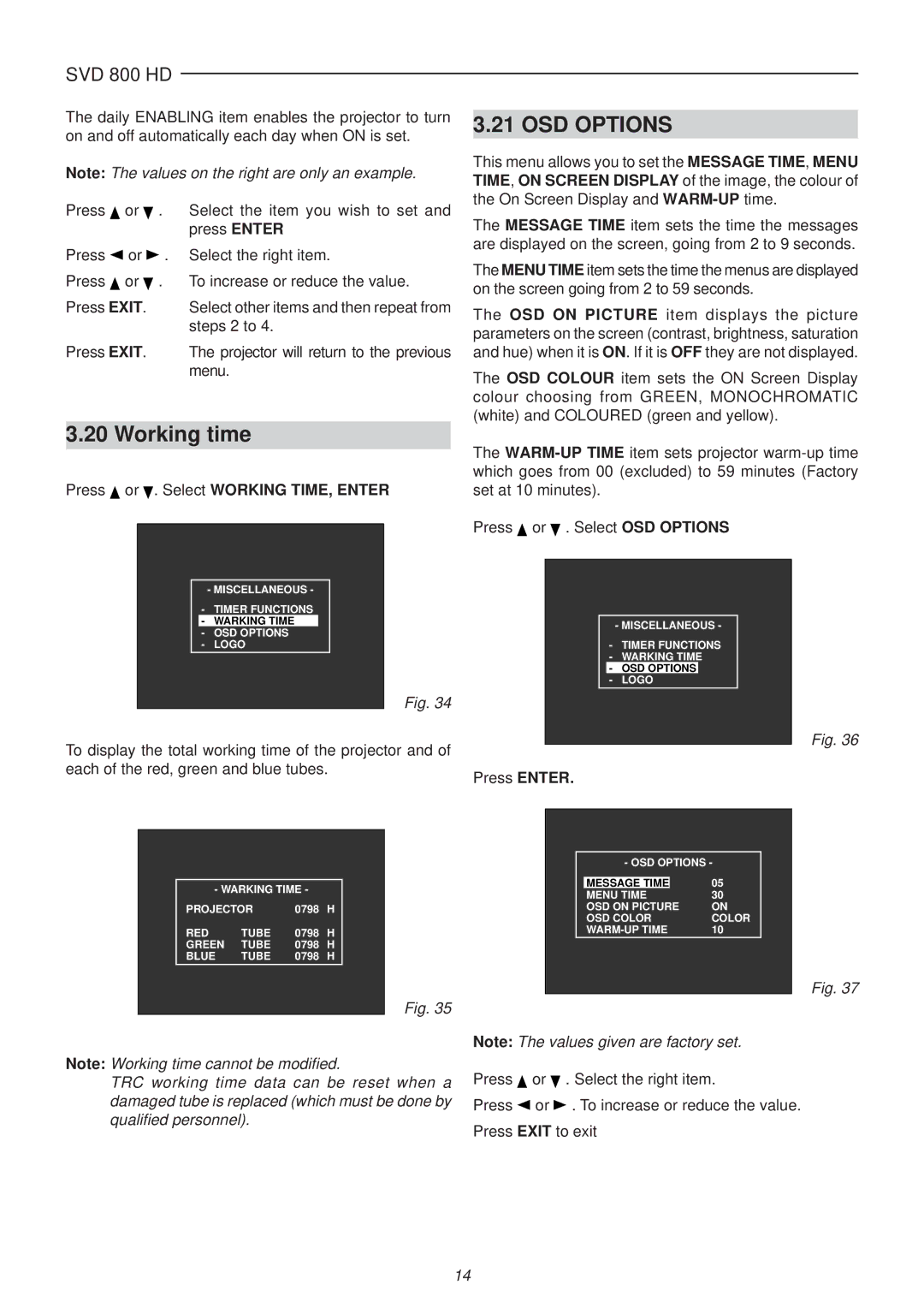 Sim2 Multimedia SVD 800 HD installation manual Working time, OSD Options 