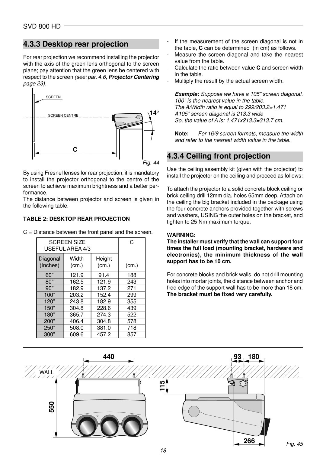 Sim2 Multimedia SVD 800 HD installation manual Desktop rear projection, Ceiling front projection, Desktop Rear Projection 