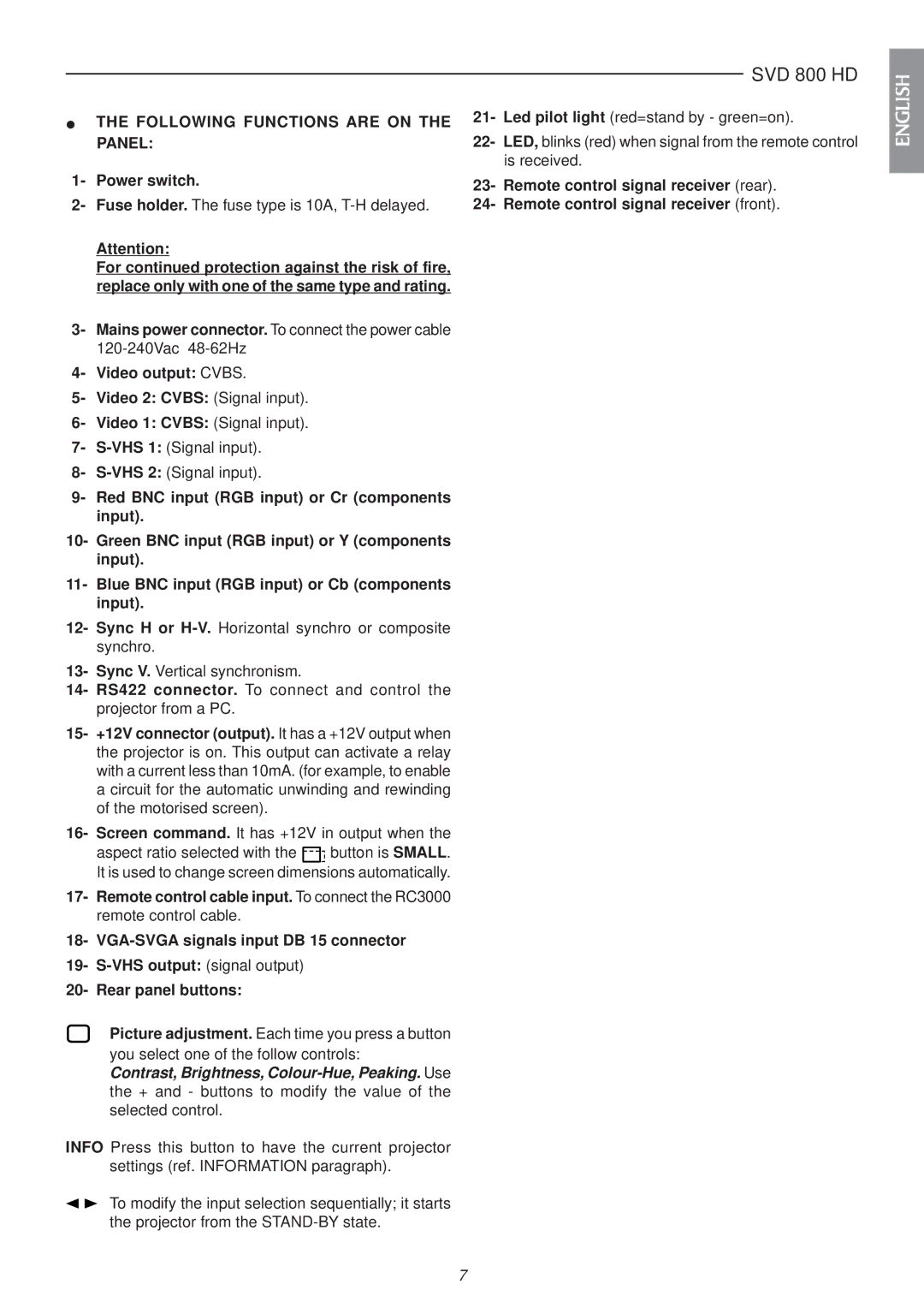 Sim2 Multimedia SVD 800 HD installation manual ∙ the Following Functions are on the Panel, Power switch 