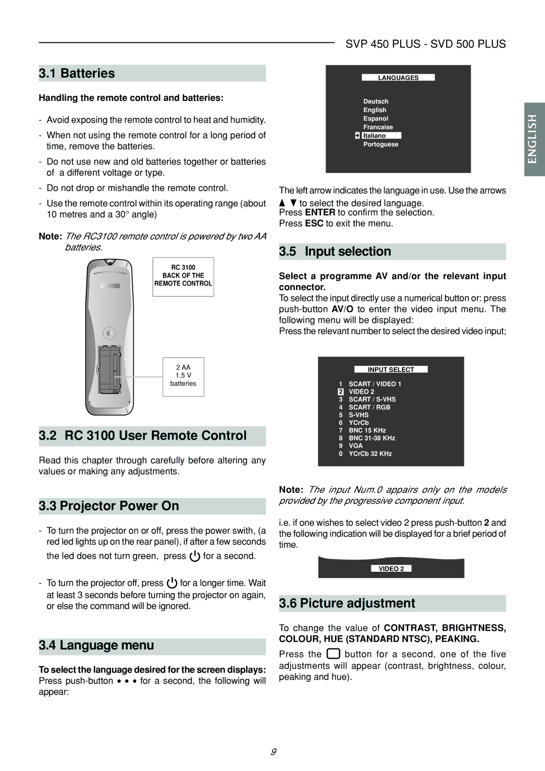 Sim2 Multimedia SVP 420 HB Batteries, RC 3100 User Remote Control, Projector Power On, Language menu, Input selection 